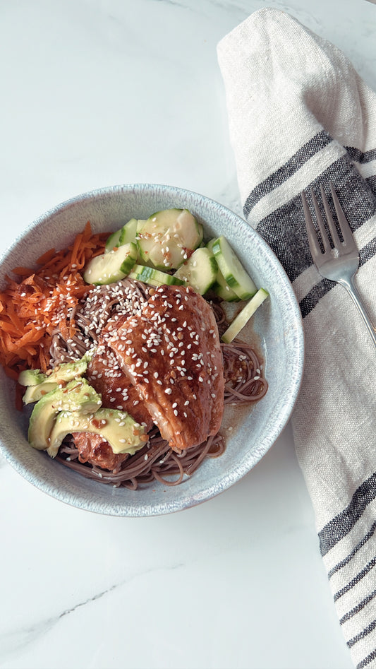 Warm Salmon Soba Noodle Bowl